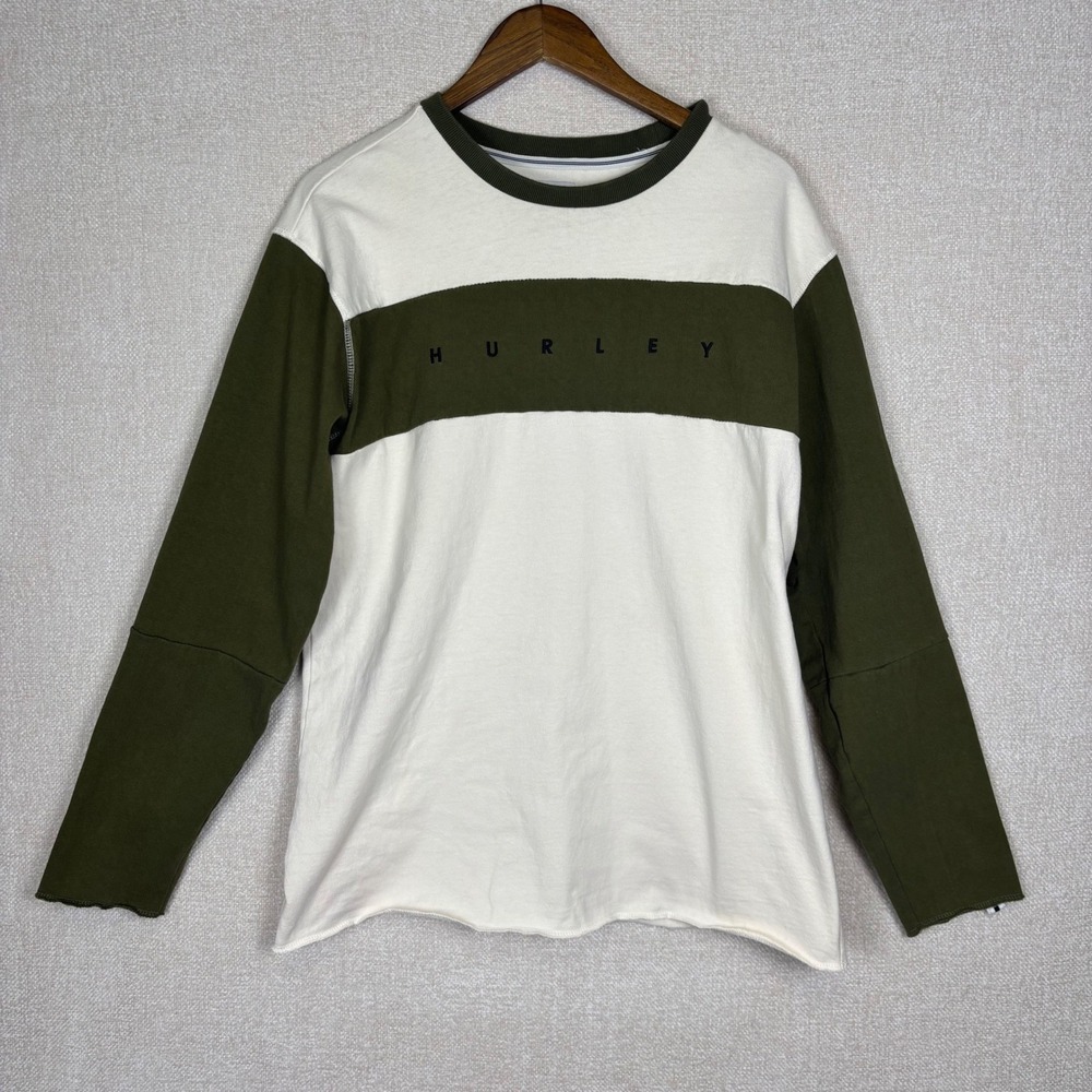 Hurley Mens Large Long Sleeve Colorblock T-Shirt Olive Green Cream 100% Cotton